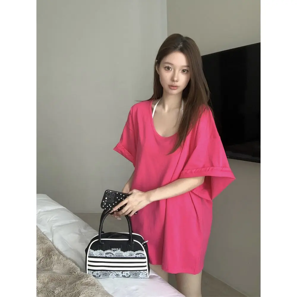 Women's Mid-Length Vacation Style T-Shirt Loose U-Neck Short Sleeve Top New Wear Lazy Model Tee