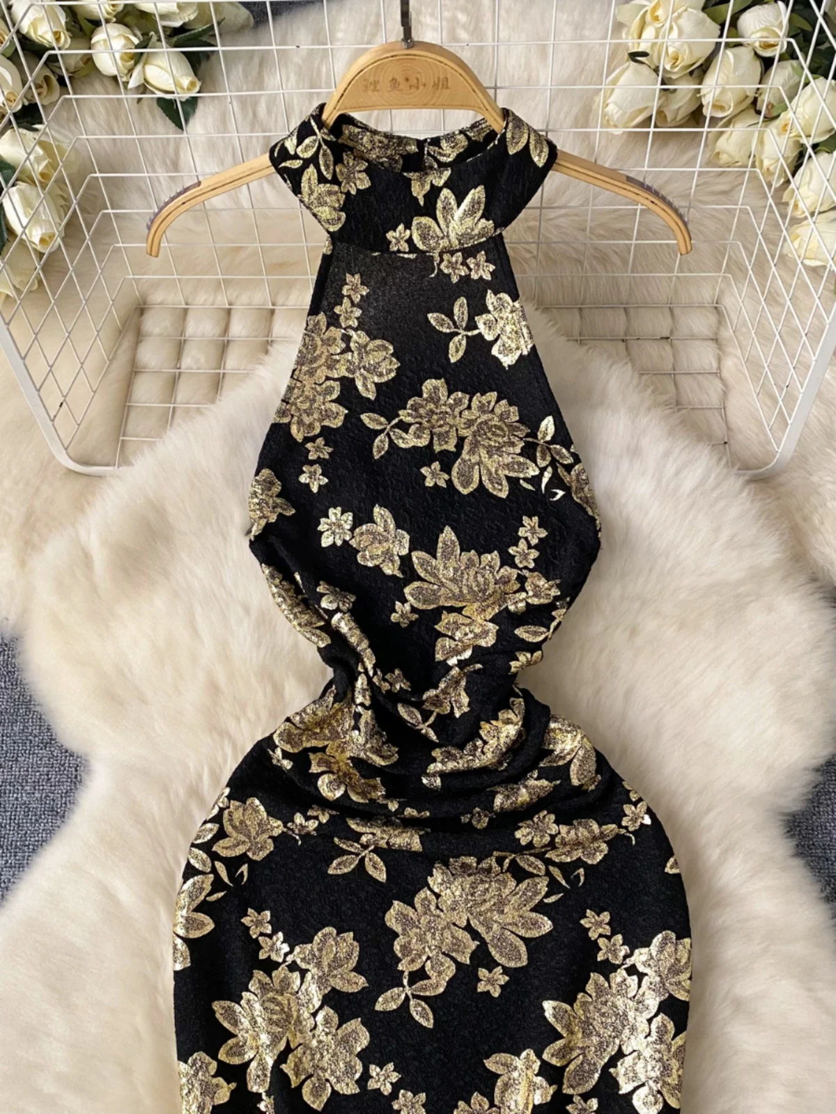 Sexy Bal suspendu Ne Dr femmes taille haute impression dorée coupe ajustée robe de soirée coréenne Sle printemps été