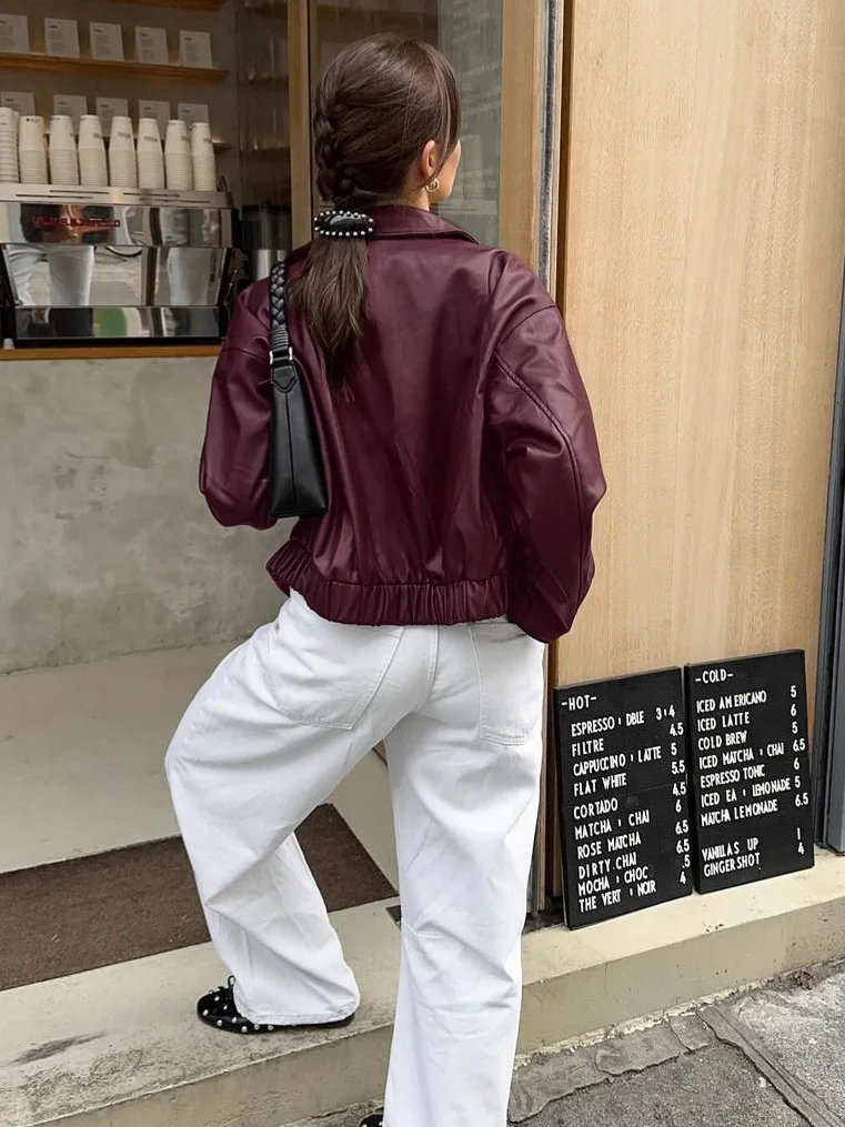 PU-Lederjacke mit Flip-Kragen, Damenmantel, Herbst, kurzer Stil, lockerer amerikanischer Stil, Retro-Motorrad-Anzug, 2025, neues modisches Oberteil