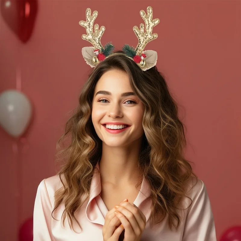 Christmas Sparkling Deer Horn Headband Lovely Little Bell Hair Hoop Solid Color Antlers Hair Band Festival Decorative Headwear