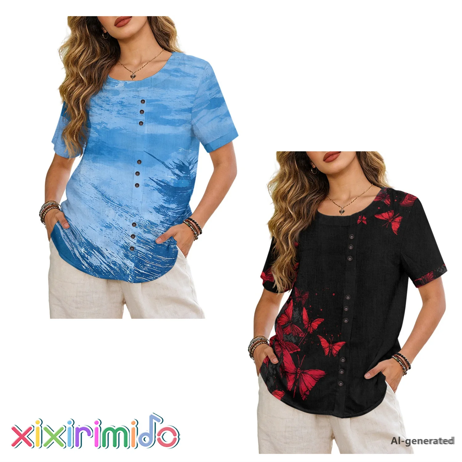 

XIXIRIMIDO Women's Linen Sleeve Button Butterfly Print O Neck Short Sleeve Shirt Casual Summer Vacation Basic Oversized T Shirts