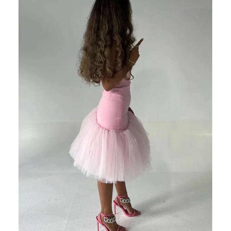 Adeli Short Satin Pink Women Evening Party Dresses Elegant V-neck Prom Dress A-line Tulle Pleated Tea Length Arabic Customized