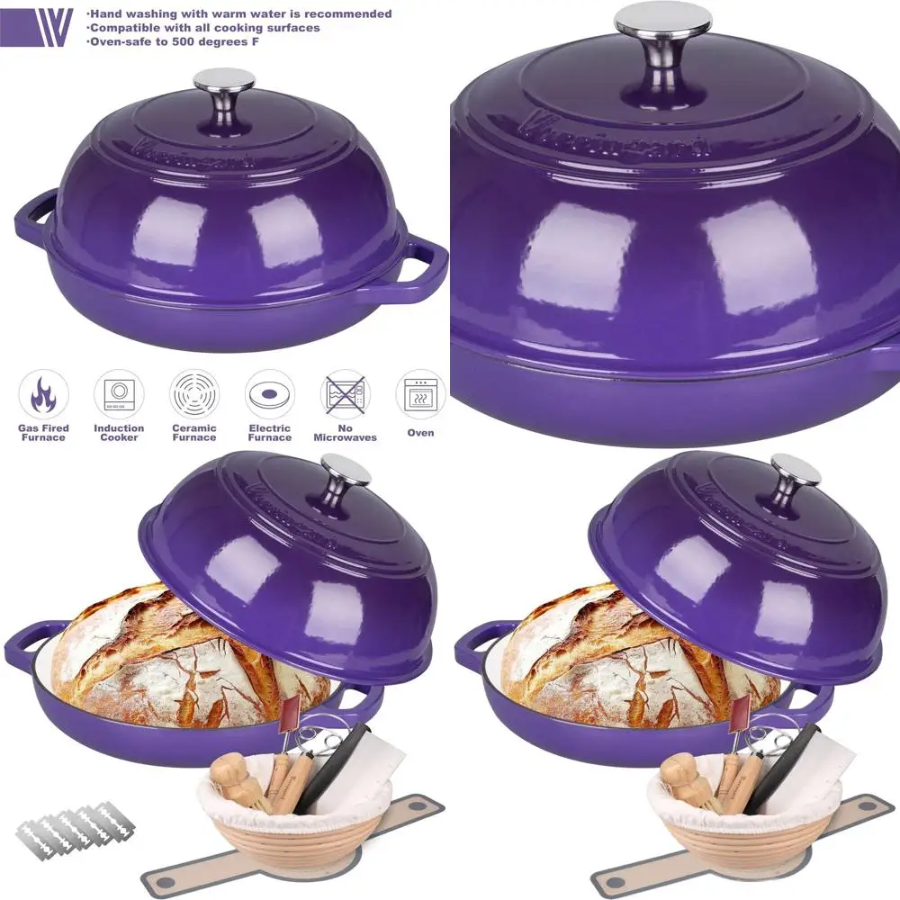 

Purple 6-Quart Enamel Cast Iron Dutch Oven with Lid, Perfect for Sourdough Bread Baking and Proofing, Includes Bread Basket & Ba