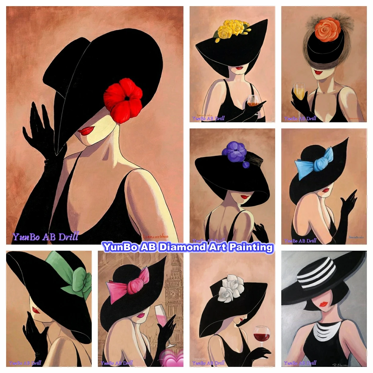 

Sexy Girl with Black Flirty Hat DIY AB Diamond Painting Red Lips Art Picture Embroidery Cross Stitch Kit Mosaic Craft Home Decor