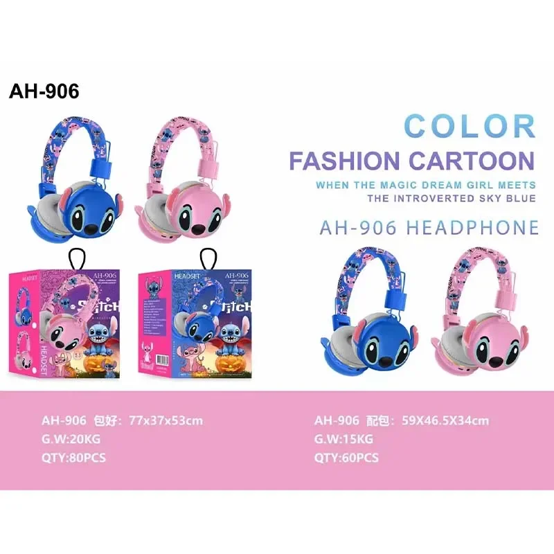 New Stitch Disney Bluetooth Headphones AH-906 Wireless Earbuds HIFI Sound Foldable Headsets with Mic Kids Gifts Anime Cartoon