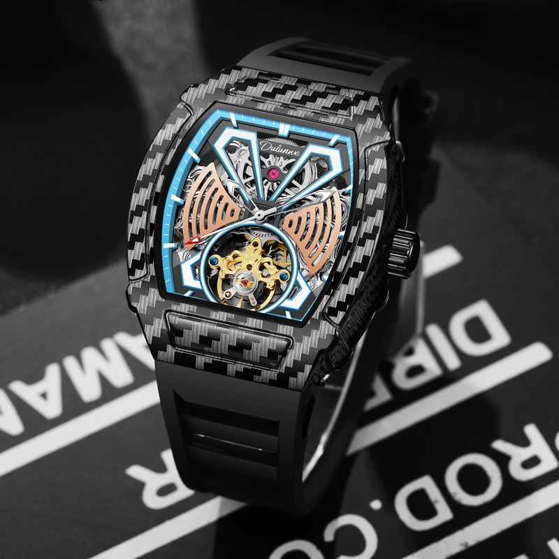 Dulunwe Tourbillon Design رجال الأعمال ساعة ميكانيكية موضة حزام مطاطي ساعات أوتوماتيكية للرجال Reloj Hombre