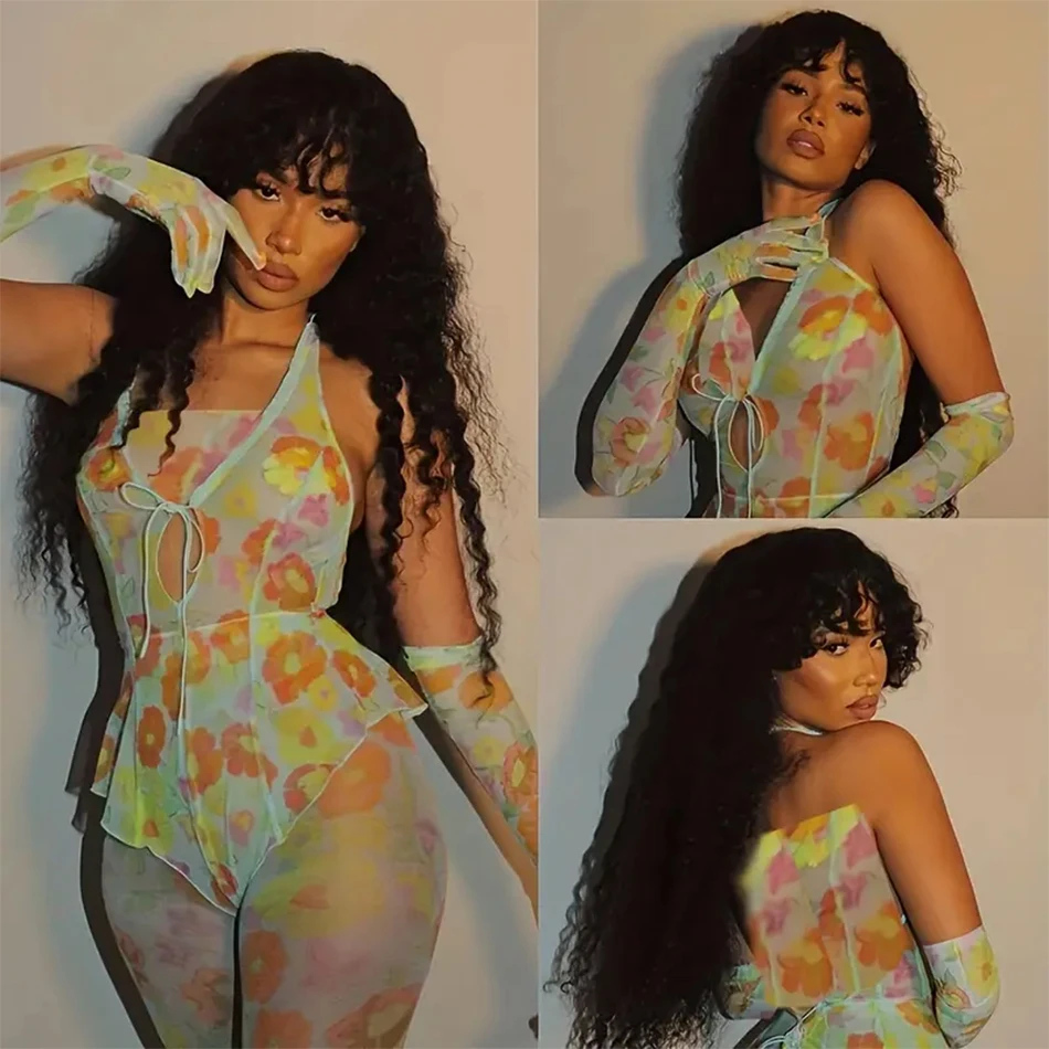 Glueless Water Wave Wig With Bangs Black Women's Human Hair Wig Without Glue Fully Machine Made Wig With Bangs Kinky Curly Wig