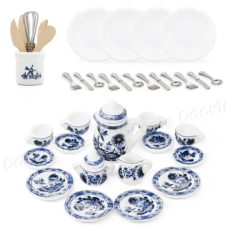 

Odoria 1:12 Miniature Lotus Porcelain Tea Cup Set Plates Cutlery Tableware Baking Utensils Dollhouse Kitchen Food Accessories