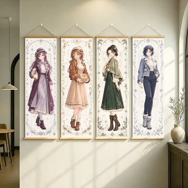 Anime Women in Purple, Beige and Green Dresses with a Navy Suit Wall Scroll with Elegant Floral Borders for a Bedroom