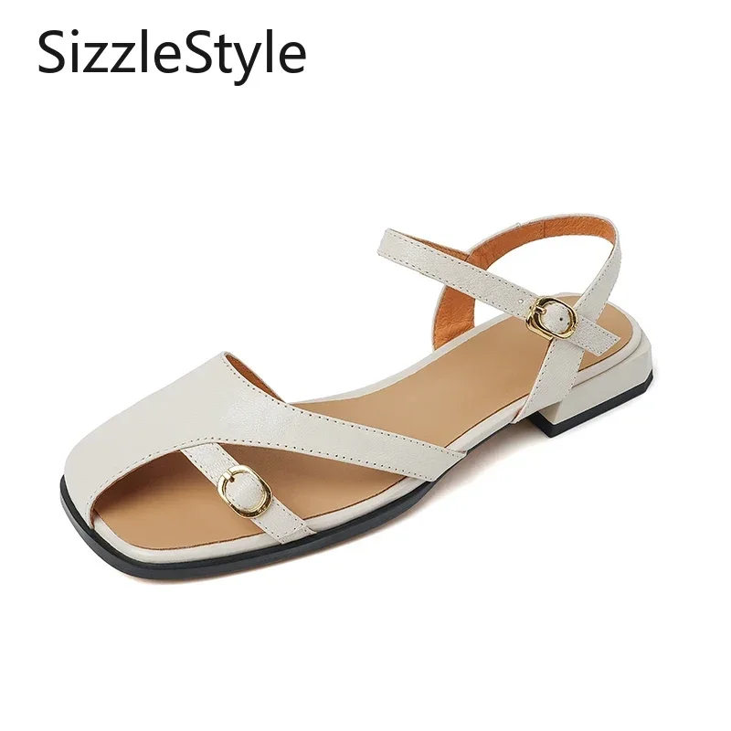 

Simple Genuine Leather Square Toe Solid Color Comfortable Low Heel Belt Buckle Decorated Summer Women's Sandals