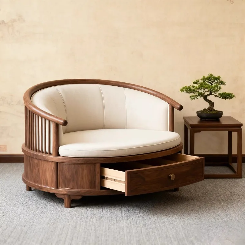 

Clubhouse Living Room North American Black Walnut Lazy Curved Backrest Leisure Sofa Chair with Drawer