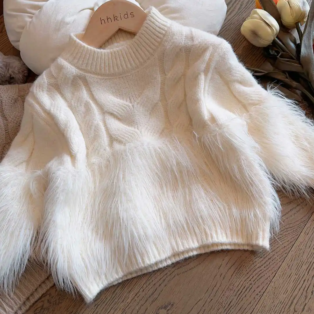 Girl Sweater Autumn Winter 2024 New Thickened Knitting Spliced Feather Tops Casual Simple Fashion Sweet Korean Active Vintage