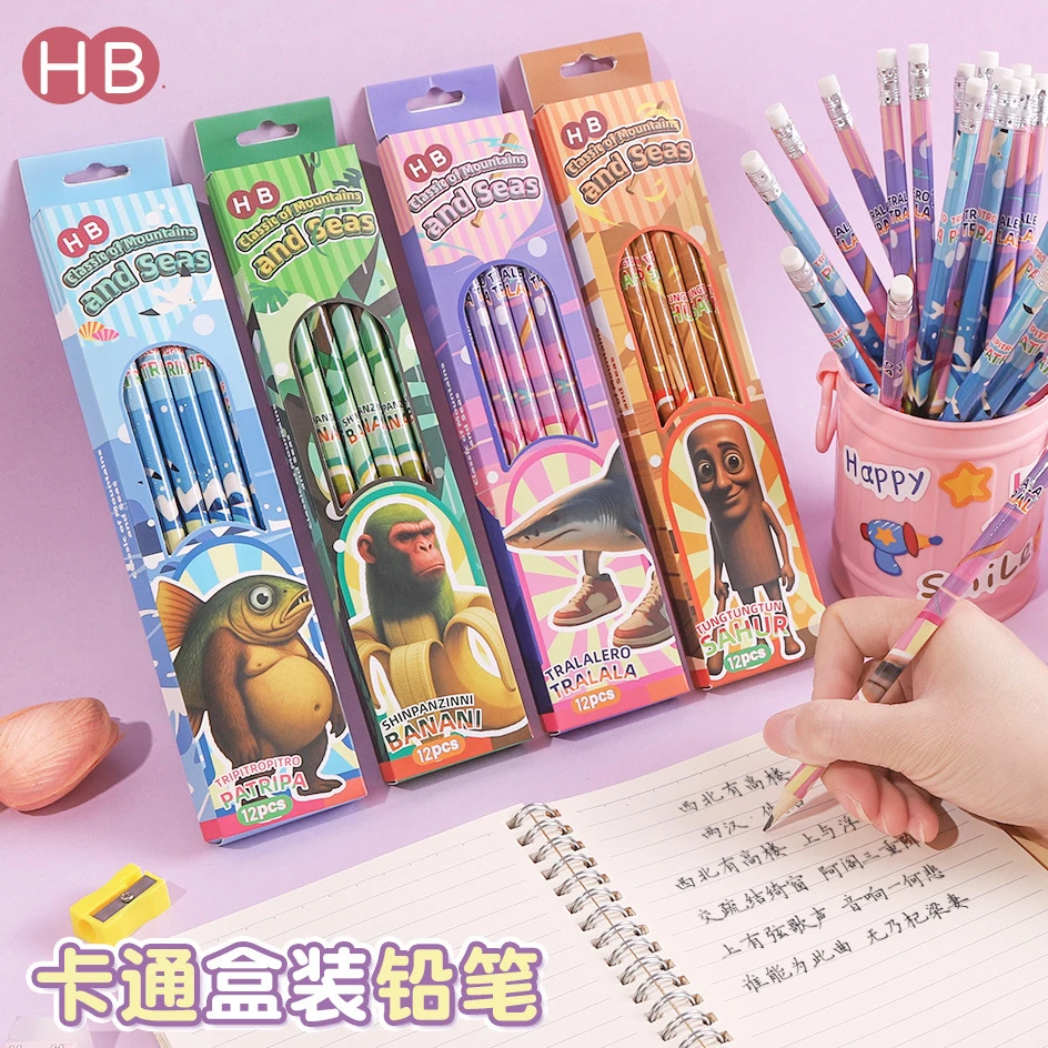 12pcs Tung Sahur Italian Brainrot Series HB Pencils with Topper Eraser Creative Weird & Unique Writing Pencils for Students