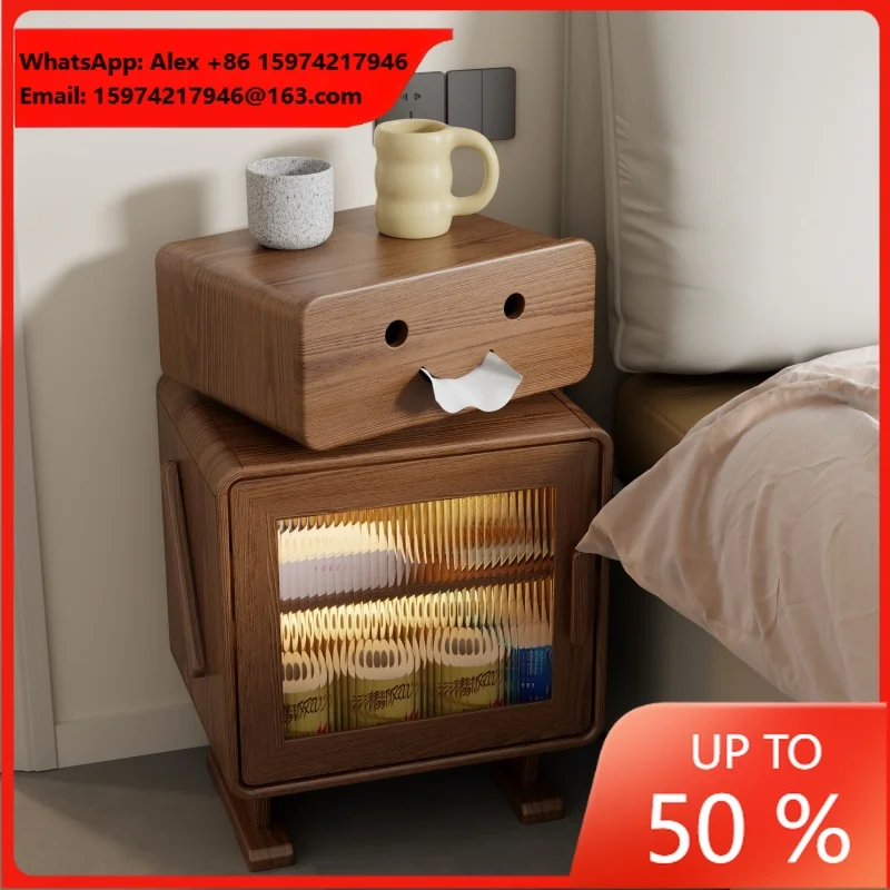 Solid Wood Vintage Style Bedside Cabinet With Light And Storage For Bedroom And Living Room Children's Nightstand CTG019