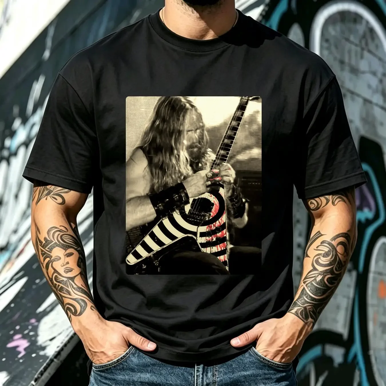 washed T Shirt VTG Guitar Blood Zakk Wylde  Men Black S 5XL H2715 long sleeves vintage Washed Stylish Comfortable Stretched