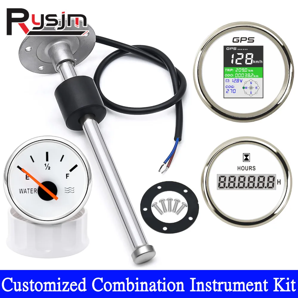 Customized Combination Instrument Kit 275mm Liquid Level Sensor 0-190ohm 52mm Water Gauge Hourmeter Red LED 85mm GPS Speedometer