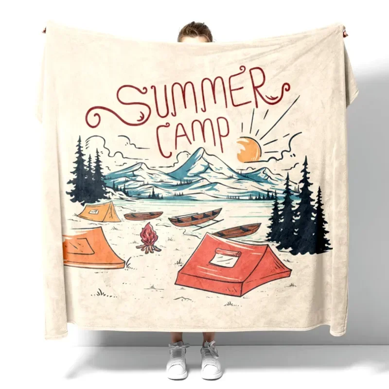 Summer Happy Camper Korea Case Plaid Throw Blanket Beige Gift Set Tapestry Sofa Cover Fluffy Soft Couch Decoration Nap Foot Warm