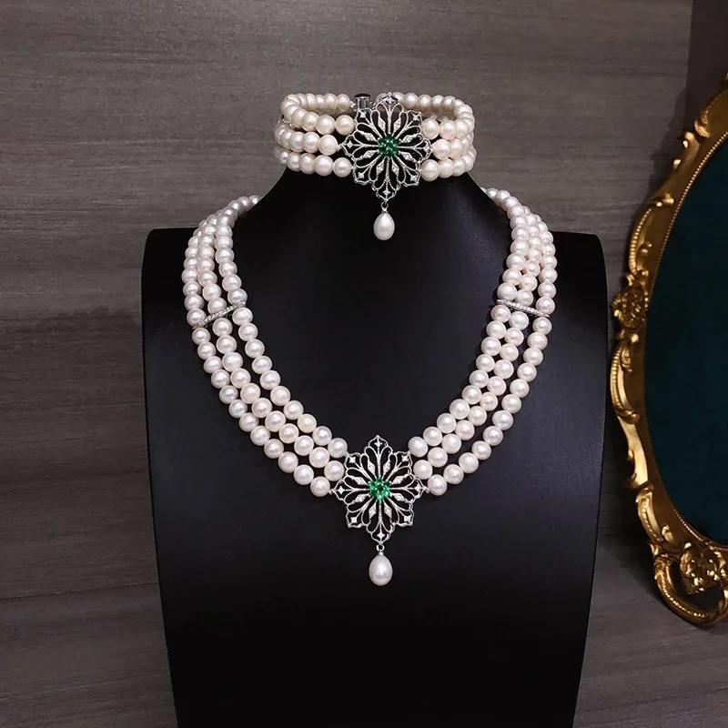 Freshwater Pearl Necklace & Bracelet Set, French Vintage Multi-Layer Design, Timeless Elegance for Romantic Style