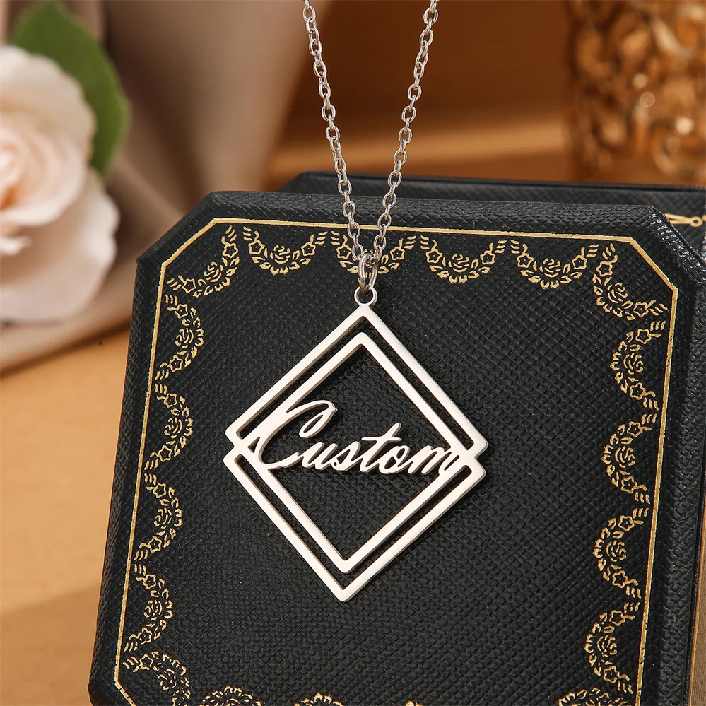 QIMING Personalized Custom Name Necklacesfor Women Stainless Steel Jewelry Geometric Necklace Valentines Day Gifts