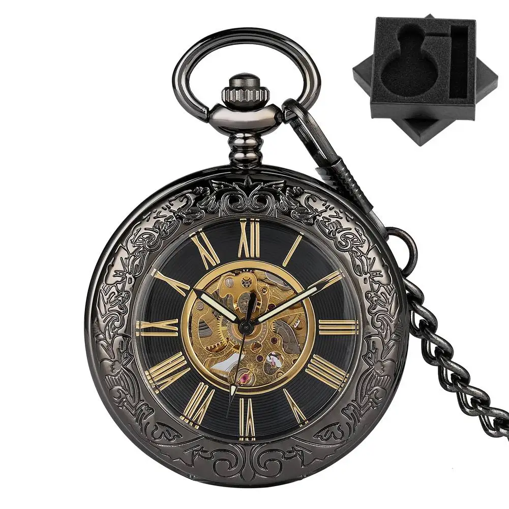 

Черные прозрачные стеклянные механические карманные часы с автоподзаводом, золотые римские цифры, циферблат, брелок-цепочка, кулон, карманные часы, подарок