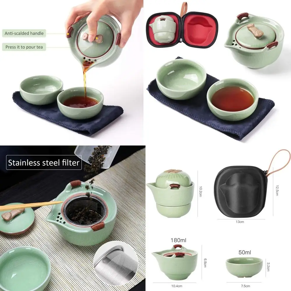 Juego de Té Chino Portátil de Kung Fu: 1 Tetera de Porcelana, 2 Mini Tazas con Bolsa de Transporte para Uso en Exteriores