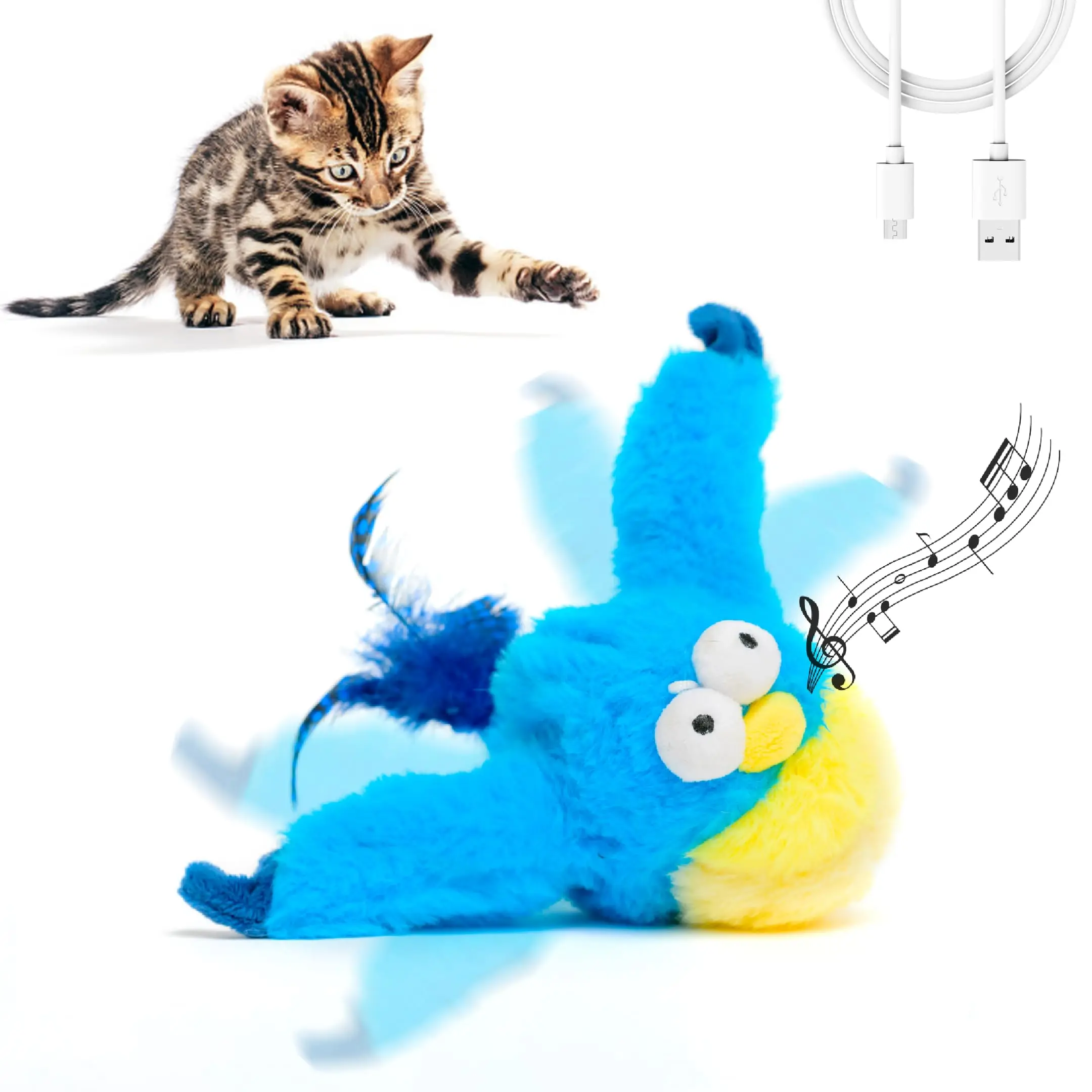 Flapping Bird Cat Toys Interactive Chirping Bird with Catnip 3 Modes Touch Activated Electric Plush Toy Rechargeable Kitten Toy