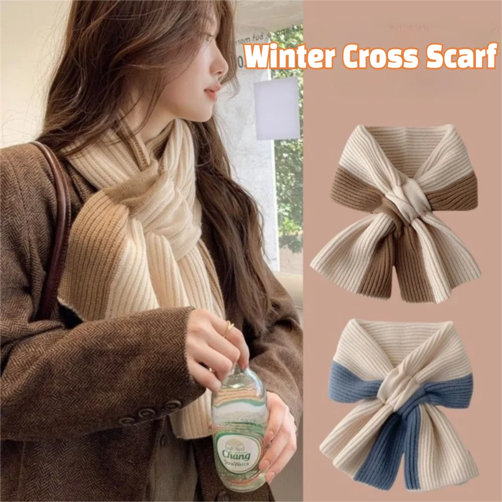 Syal Rajut Warna Campuran Elegan, Selendang Tebal, Penutup Leher Anti Angin, Penghangat Leher Musim Dingin