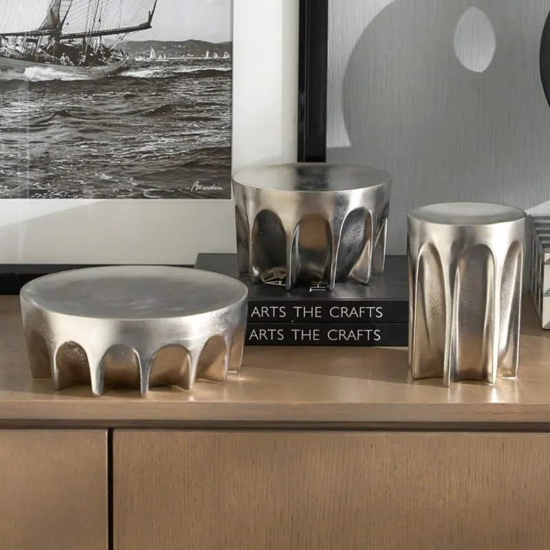 Aluminum Figurines Silvery Sculptures Home Desktop Decoration Storage Tray Figurine Modern Simple Circular Geometric Ornament