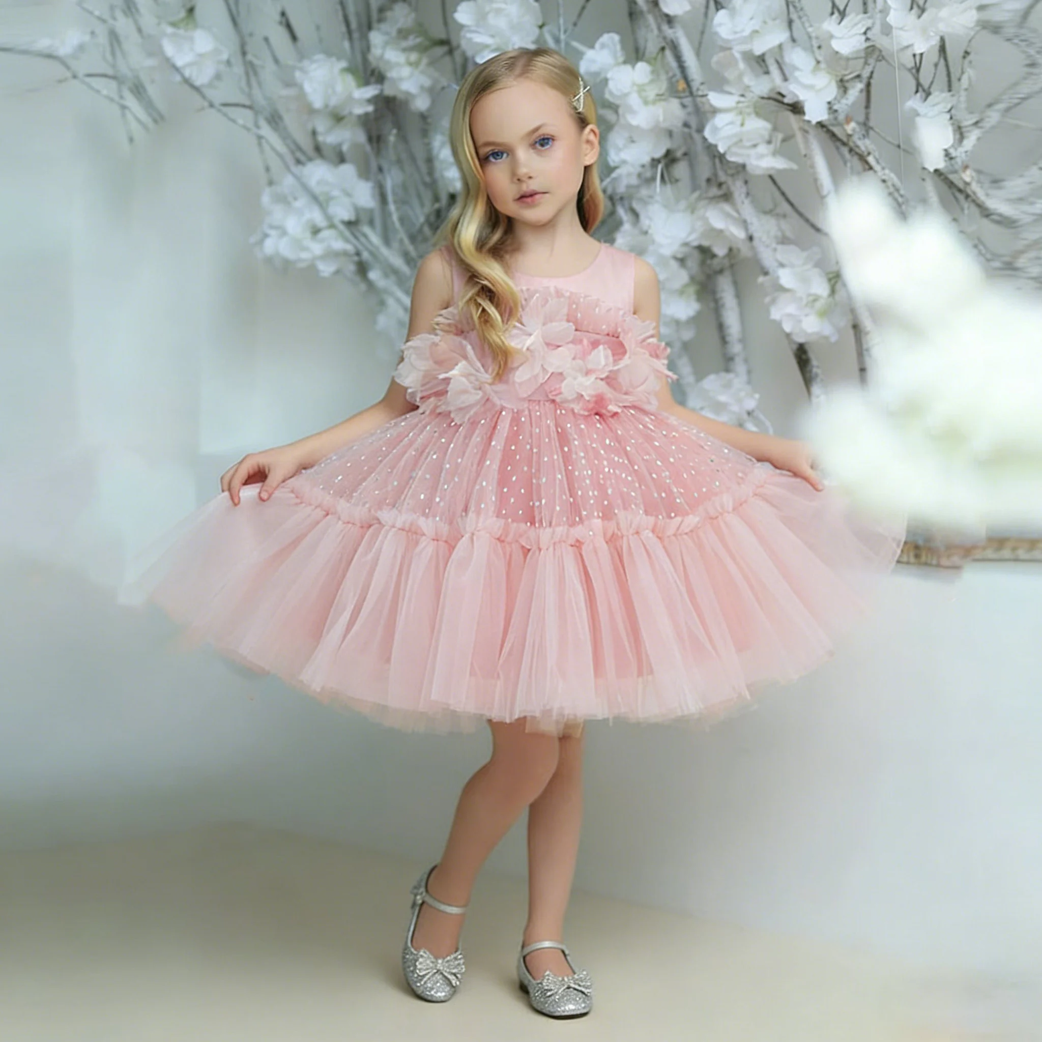 Summer Flower Bridesmaid Party Girls Dress Elegant Tulle Wedding Birthday Princess Prom Dress Girl Gala Bow Baptism Evening Gown