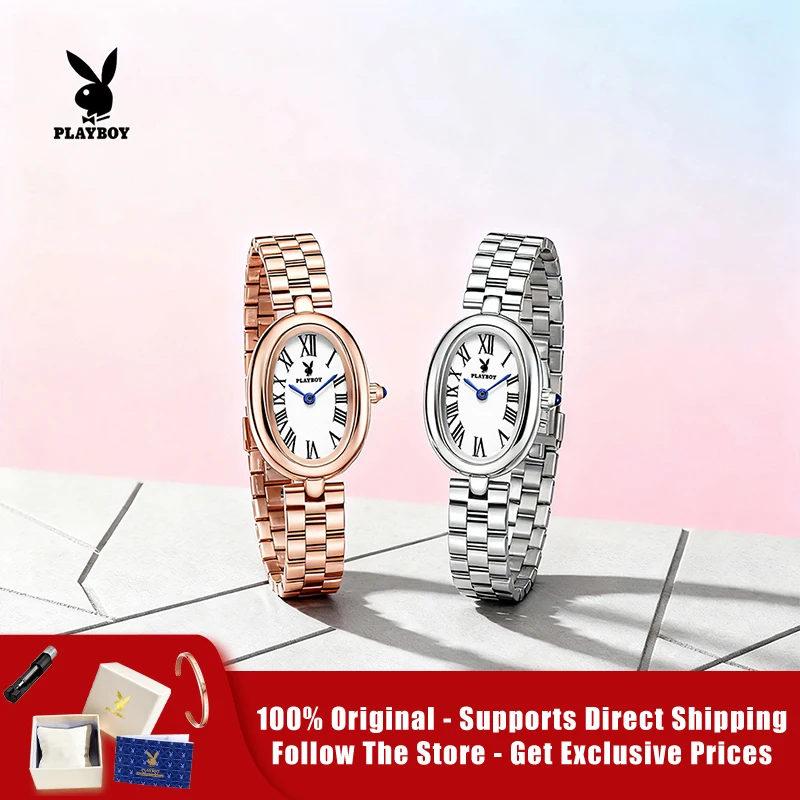 playboy-3121-ブランドオリジナルの本格的な女性用腕時計、オーバルダイヤルの高級クォーツレディースウォッチ