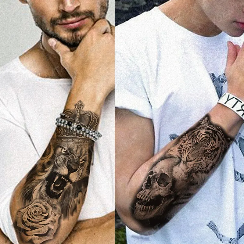 5PCS Wolf Lion Waterproof Temporary Tattoo Sticker Tiger Rose Flower Dragon Snake Skull Animal Body Art Arm Fake Tatoo Men Women