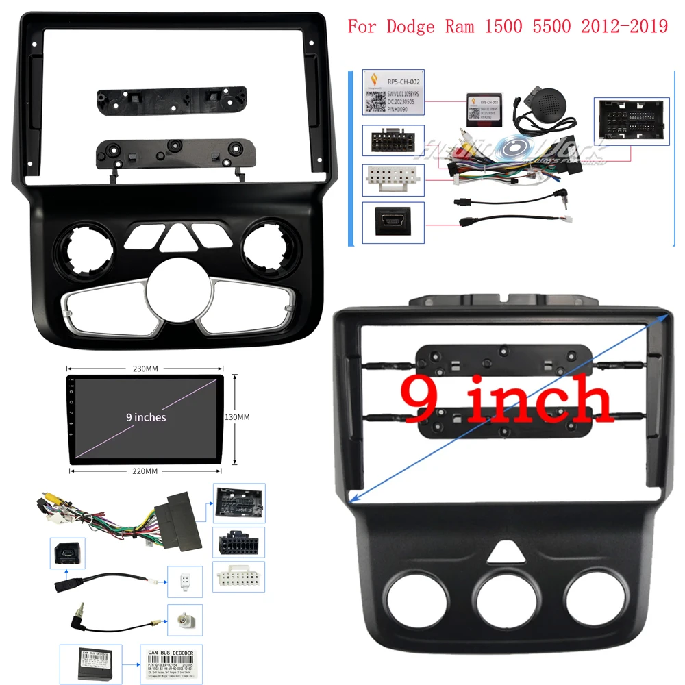 Car Radio Fascia Frame For Dodge Ram 1500 5500 2012-2019 9 inch 2DIN Stereo Panel Wiring Harness Power Cord Cable Canbus Decoder