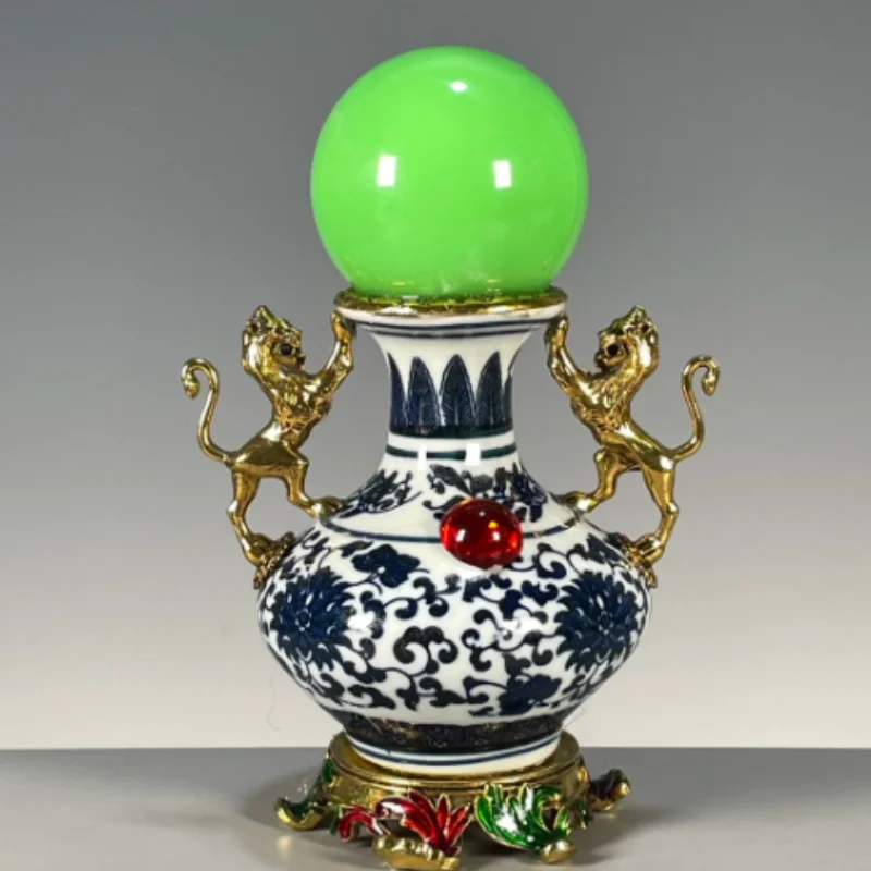 Antique Porcelain Qing Qianlong Blue and White Vase - Double-ear Mythical Beast with Gemstone Inlay, Exquisite Home Decor