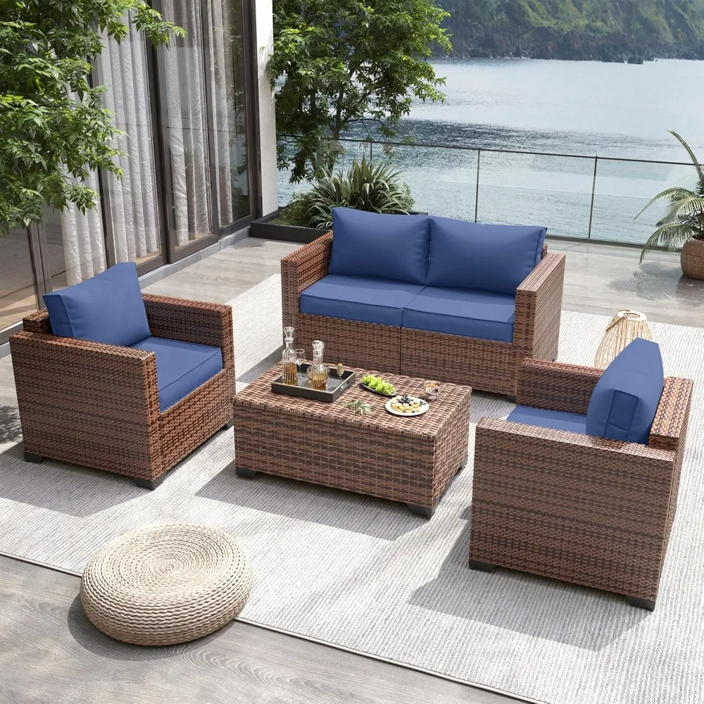 

Outdoor sofa set of 4, outdoor patio furniture with storage coffee table, oversized armrests wicker patio set with cushions