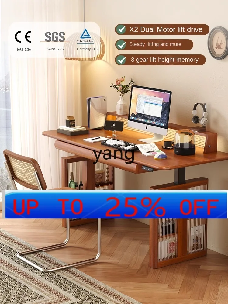 

LMMSolid Wood Electric Lifting Table Mid-Ancient Study Desk Smart Office Workbench