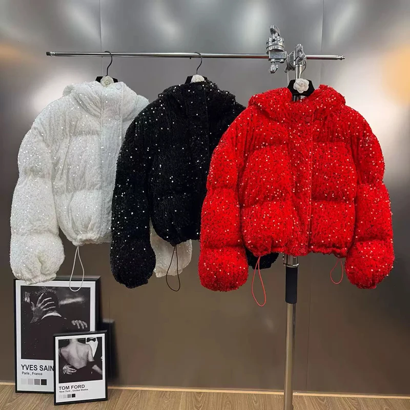 

KBQ однотонная свободная шикарная куртка с блестками для женщин, свободная уличная одежда с капюшоном и длинными рукавами, темпераментная женская зимняя куртка, новинка