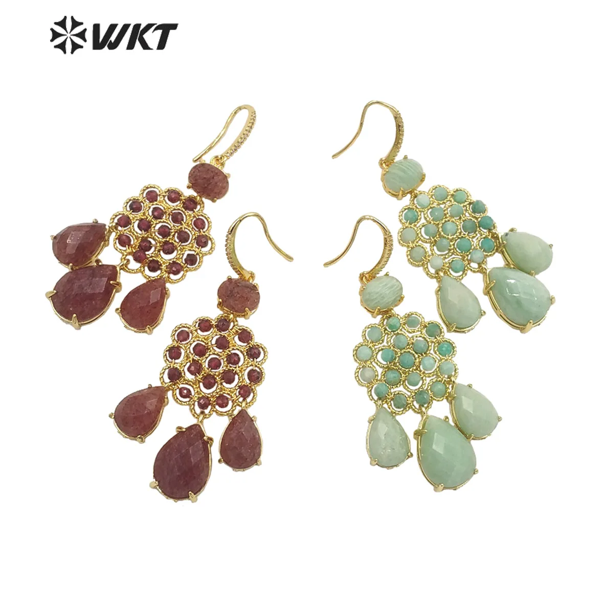 

WKT-E712 WKT 2025 Vintage Ladies Earrings Natural Gemstones Hot Selling Ladies Delicate Earrings Accessories Gold Plated Charm J