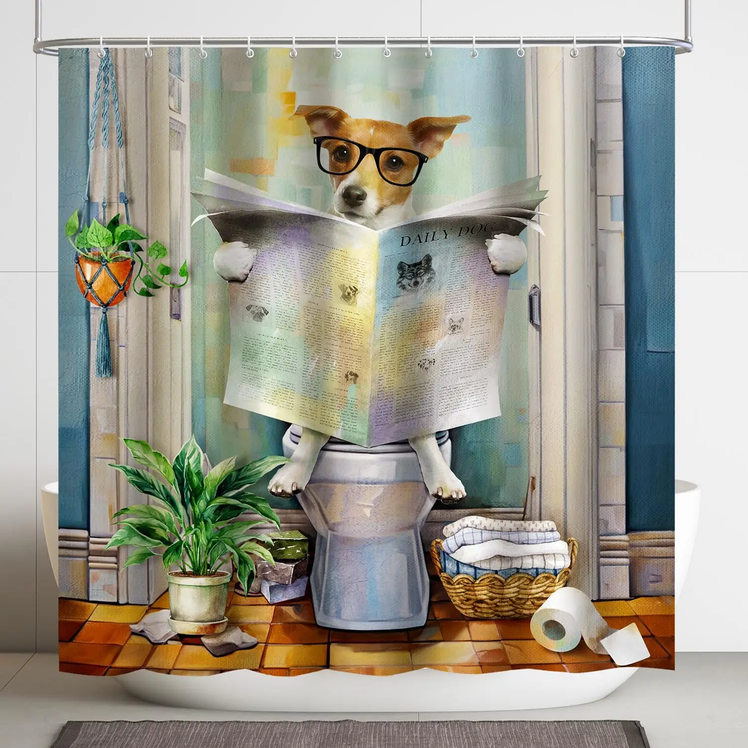 Funny Puppy Dog Shower Curtain, Cool Pet Animal Waterproof Bathroom Decor Curtain  With Hooks