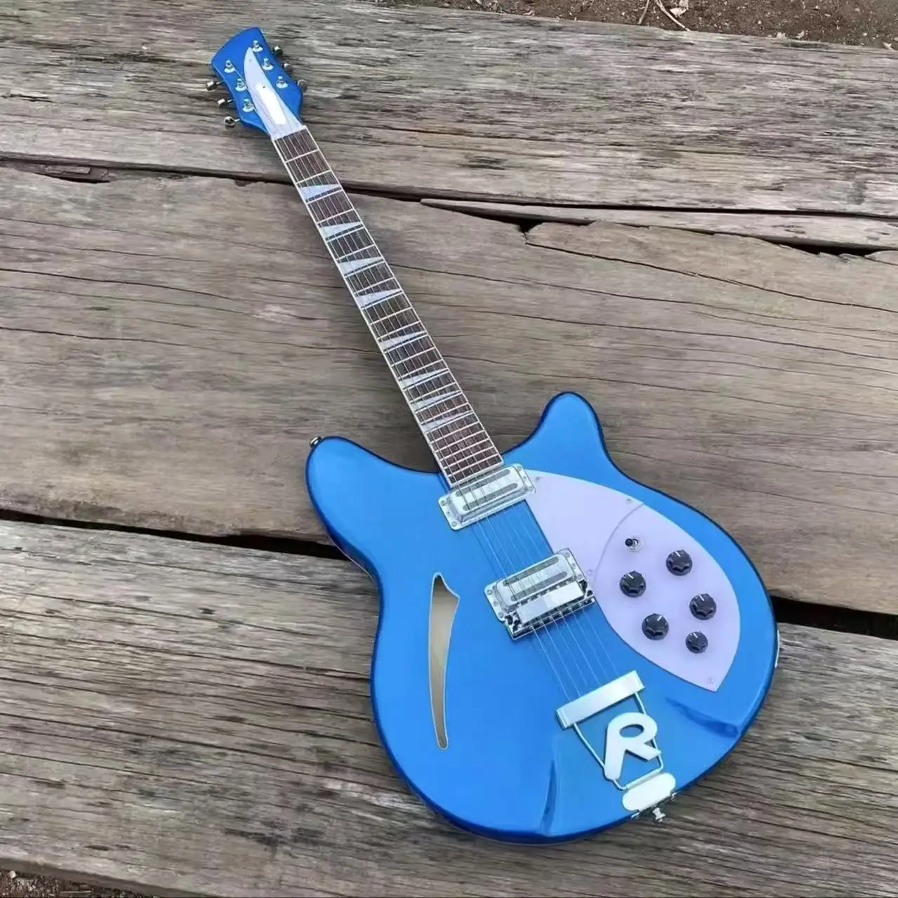 Metallic Blue Electric Guitar Semi Hollow Body White Pickguard R Shaped Tailpiece 24F Stainless Steel Frets 6 String Guitarra