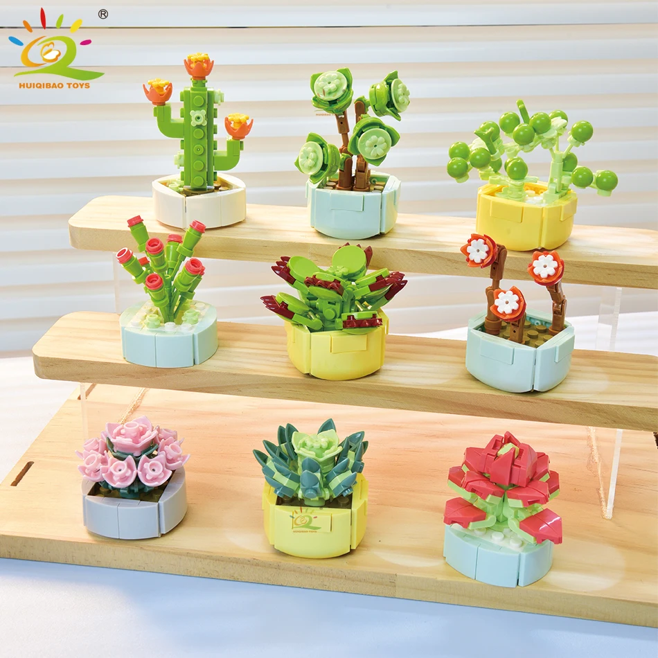 HUIQIBAO MOC Flower Succulents Building Blocks Everlasting Flowerpot Bonsai Gardens Romantic Bricks DIY Potted Plants Model Kids