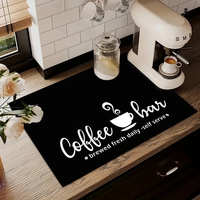 Black Coffee Bar Mat Super Absorbent Coffee Maker Mat Non-Slip Rubber Backed Kitchen Counter Dish Drying Placemat
