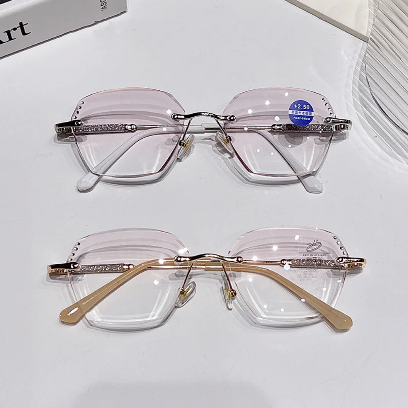 

New Rimless Women's HD Lens Reading Glasse Trendy Diamond Cut Eyeglasses for Ladies Unisex Luxury Far Sight Presbyopia +1.0+4.0