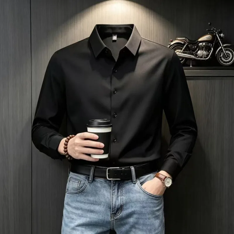 Men's Seamless Shirt 210g Fabric High Elasticity Anti-wrinkle 5A Antibacterial Casual Business Dress Shirt V-neck Long Sleeve