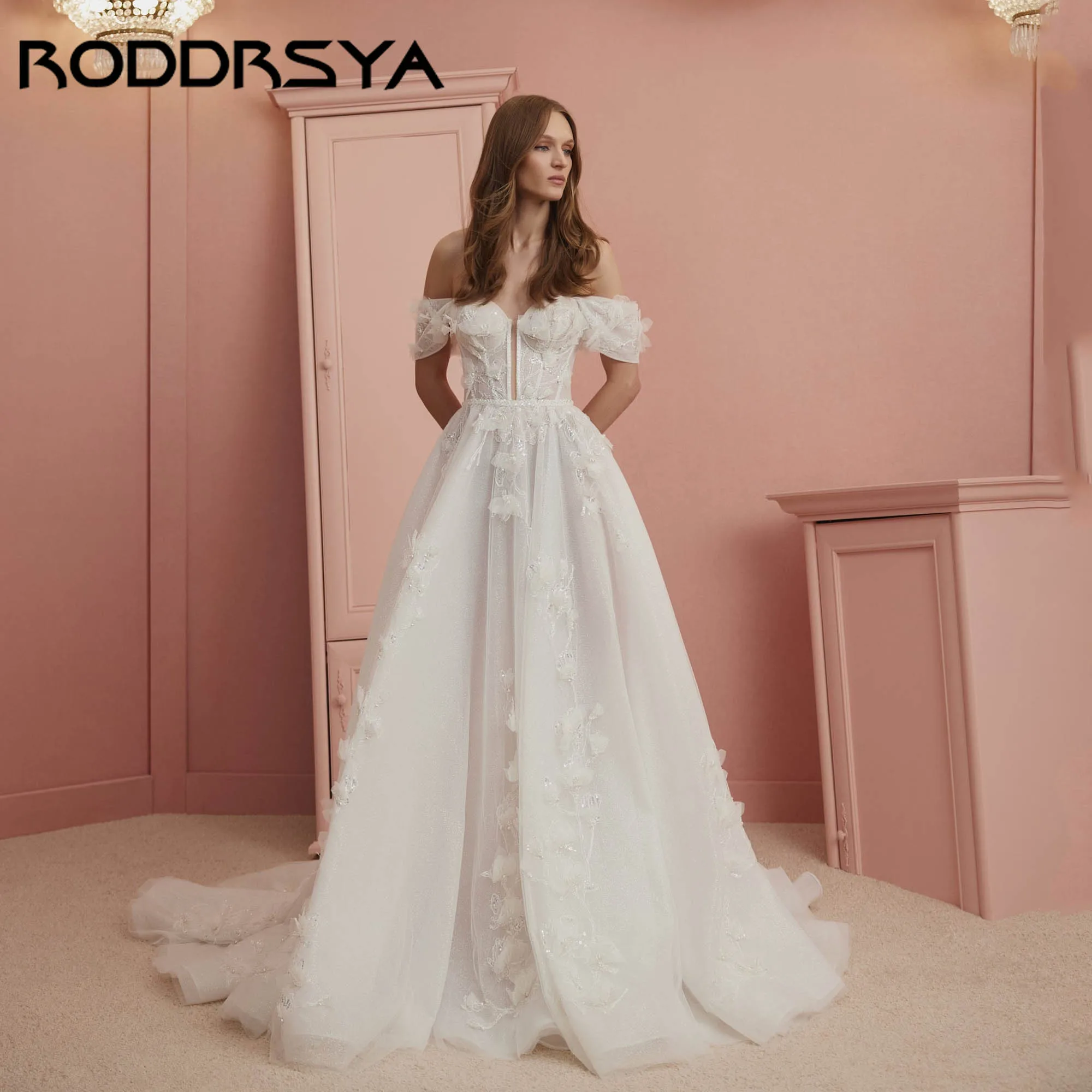 RODDRSYA 3D Flowered Tulle Wedding Dresses Off Shoulder A-line Dream Bridal Gowns Sweetheart Shiny vestidos de novia Customized