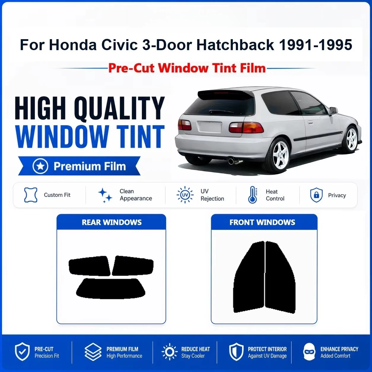 Pre-Cut Premium Window Tint For Honda Civic 3-Door 1991-1995 Front & Rear Windows, High Performance UV & Heat Rejection Film car