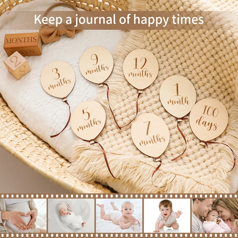 9PCS Newborn Wooden Balloon Milestone1-12 Month Card Wooden Baby Milestone Children Photography Props Birthday Party Decoration