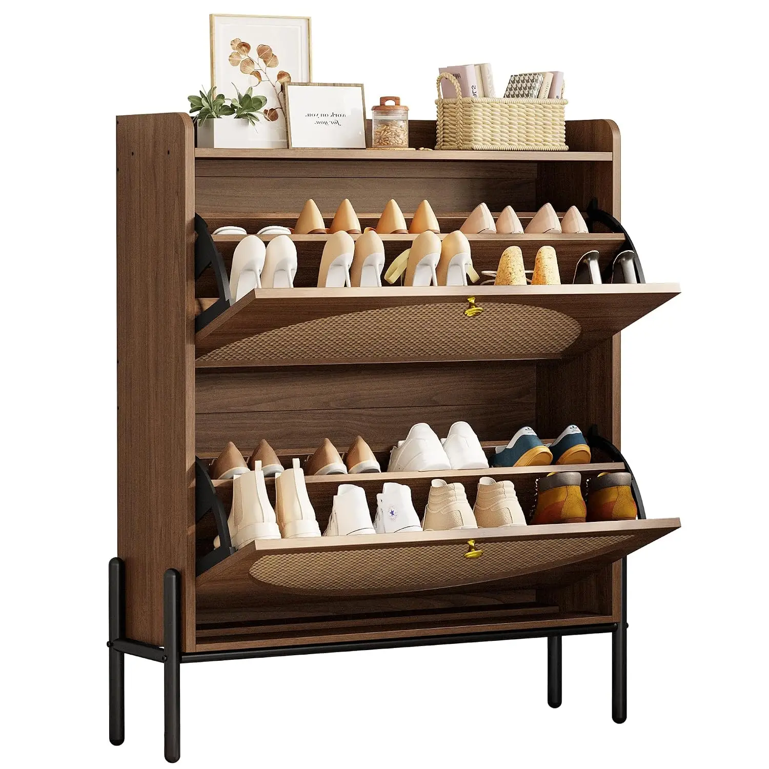 Rattan Shoe Cabinet With 2 Flip Drawers, Walnut, Customized