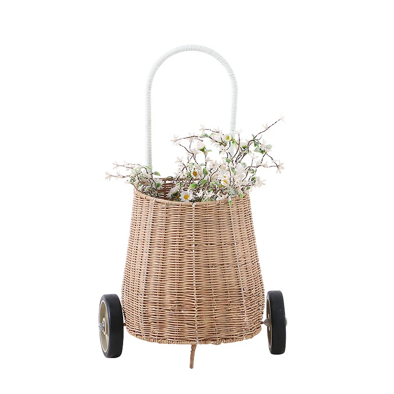 Quality Natural Plant Rattan Children's Trolley Shopping Cart Basket Durable Trolley Home Storage basket Kids Shooting Props