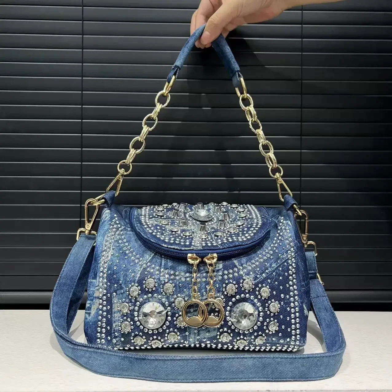 Women's Fashion Diamond Elegant Handbag Mini Flap Diamond Denim Shoulder Bag