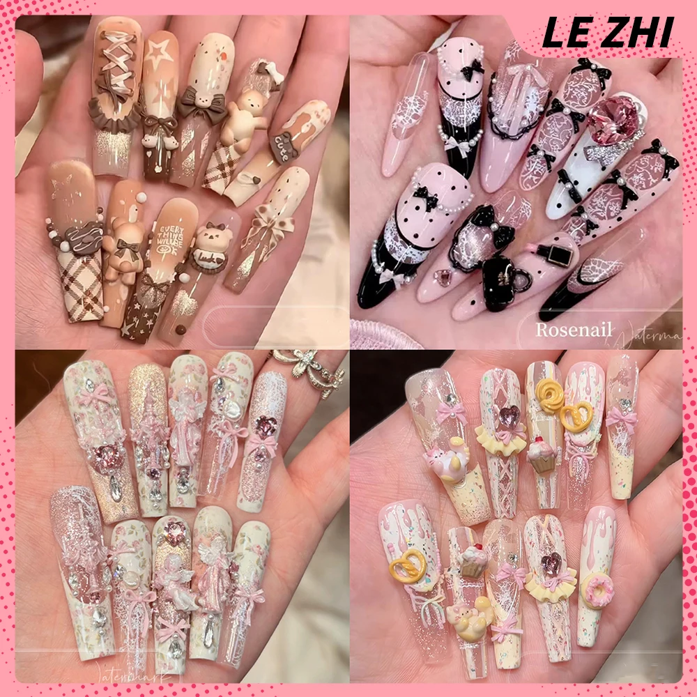 Sweet Kawaii Fashion Cat Bear Handmade Long Coffin Ellipse Fake Nails Bowknot Pearl Diamond Skirt Edge French Press On Nails